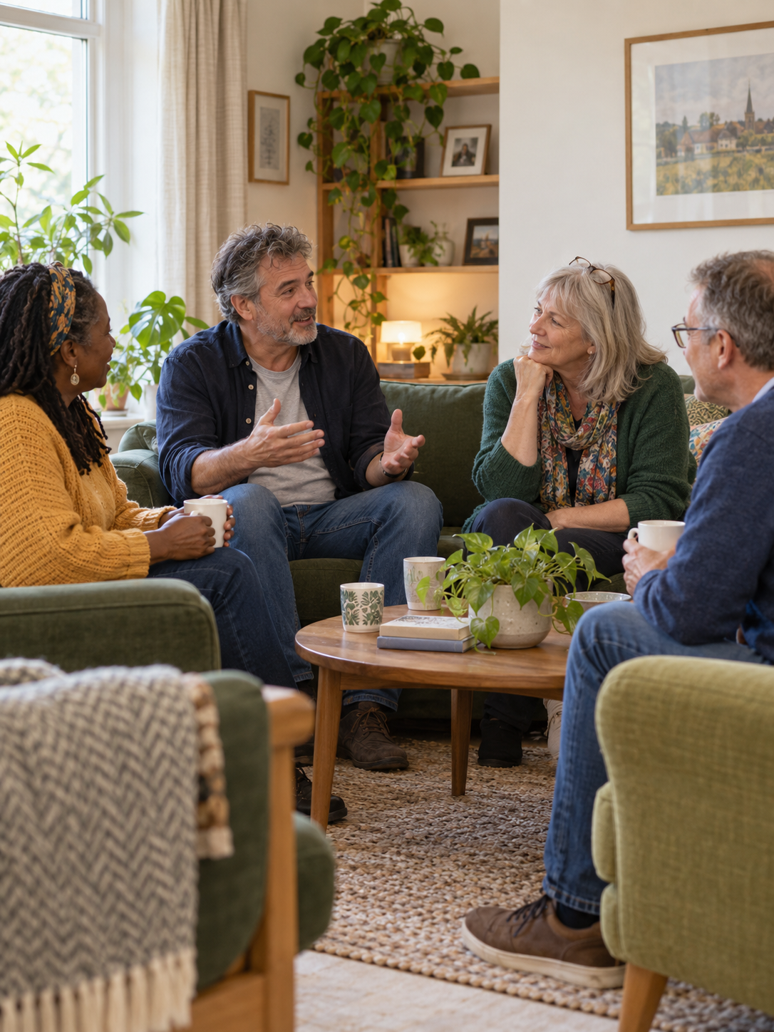 Illustrative image of older adults chatting over tea in a comfortable community lounge
